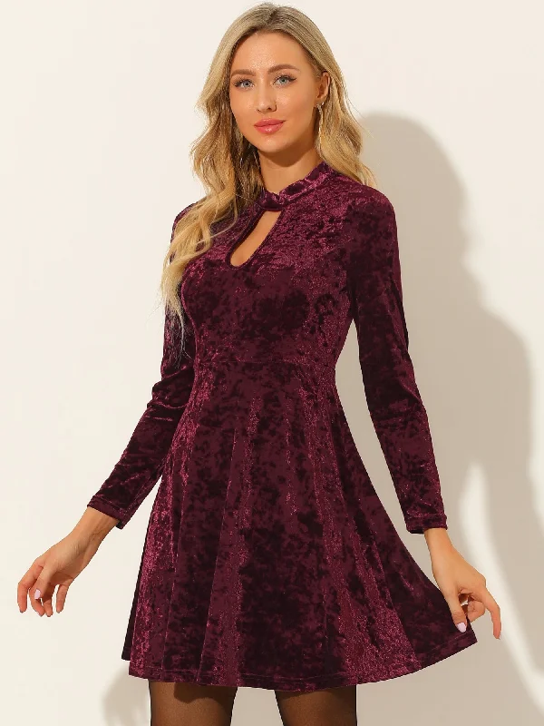 Keyhole Neck High Waist Long Sleeve Velvet Swing Mini Dress Trendy Off-Shoulder Dress Mini