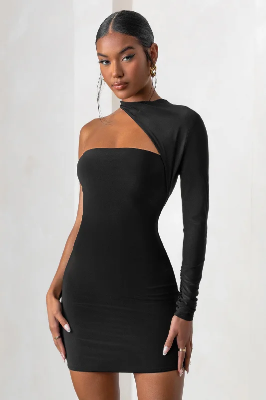 Perfect Touch | Black One Shoulder Long Sleeve Mini Dress Stylish Sweetheart Mini Dress