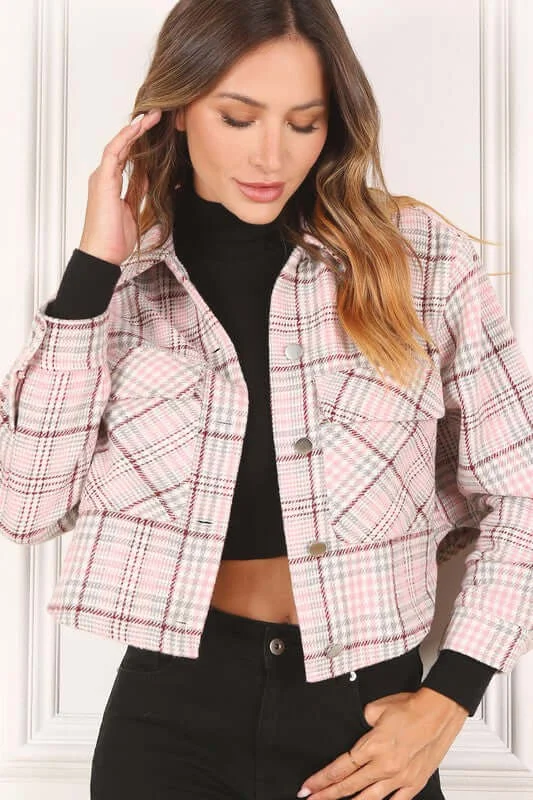 Pink Plaid Crop Jacket Hoodie Zip-Up Jacket Button-Up Jacket