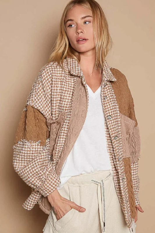 Mocha Houndstooth Contrast Cable Knit Pocket Shacket Shirt Jacket Appliqued Jacket Beaded Jacket Sequined Jacket