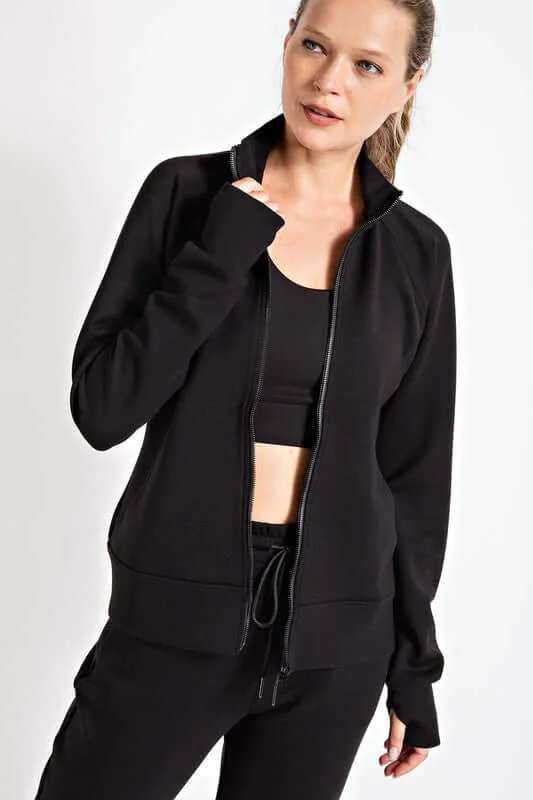 Black Ponti Jacket with Pocket Activewear Print Jacket Jacquard Jacket Patchwork Jacket