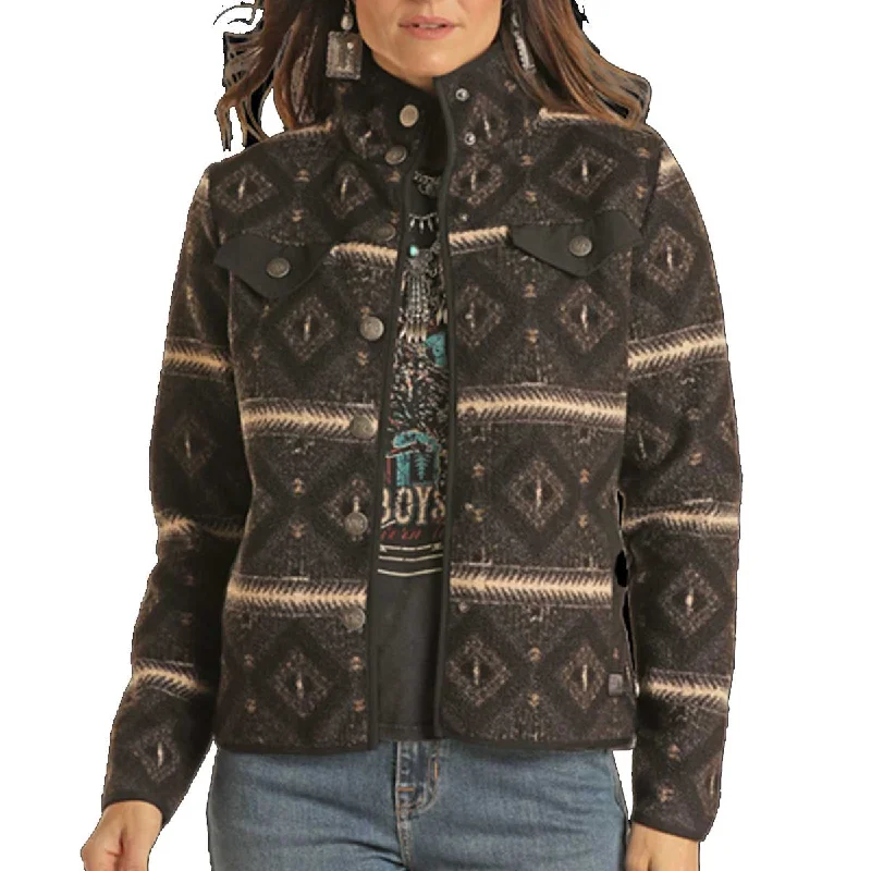 Powder River® Women's Charcoal Aztec Print Zip Front Berber Jacket Toggled Jacket Drawstring Jacket Belted Jacket