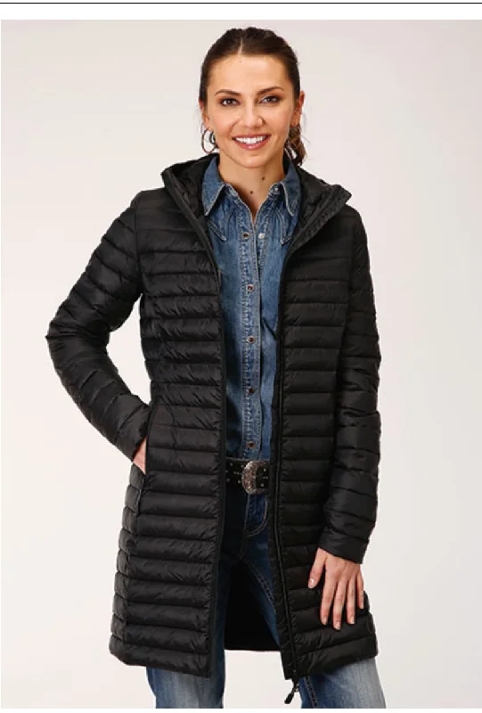 Roper® Women's Black Thigh Length Quilted Parachute Jacket Denim Jacket Leather Jacket Suede Jacket