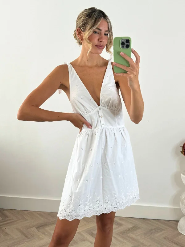 Sia V Neck Mini Dress in White Cozy Knitted Mini Dress