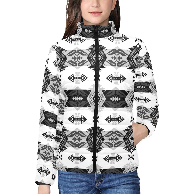 Sovereign Nation Black and White Women's Stand Collar Padded Jacket Ribbed Jacket Pleated Jacket Ruffled Jacket