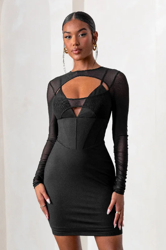 This Moment | Black High Neck Cut Out Mini Dress With Mesh Sleeves Stylish Puff Sleeve Mini Dress