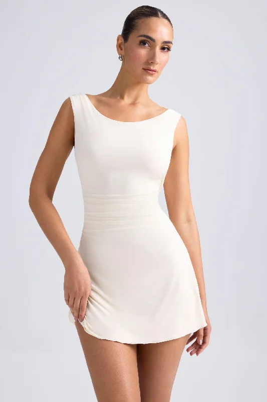 Off-Shoulder Cowl-Back A-Line Mini Dress in Ivory Elegant Silk Mini Dress