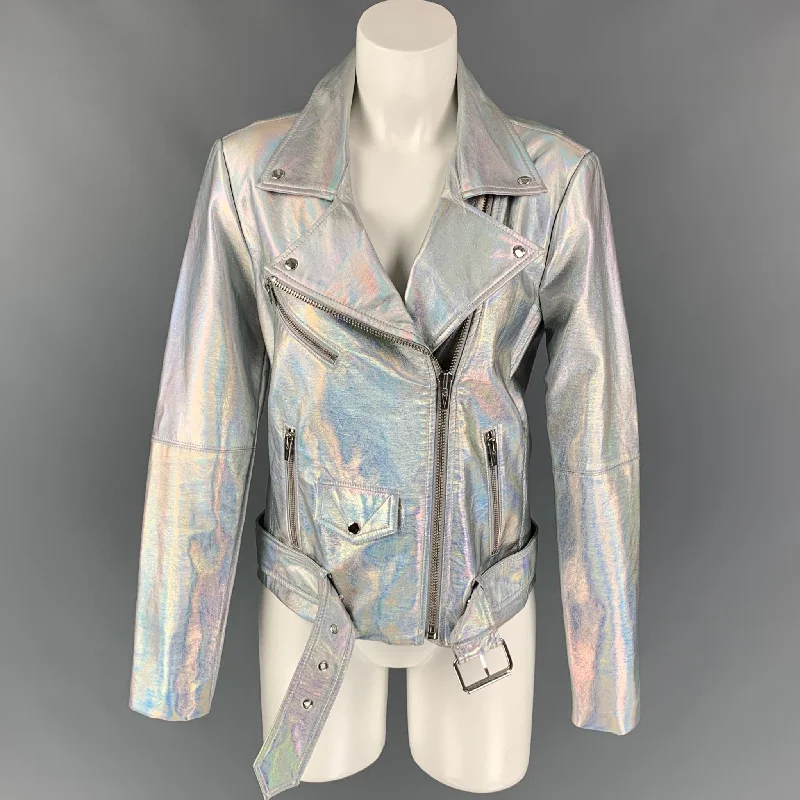 VEDA Size M Silver Iridescent Polyurethane Biker Jacket Jacket Blazer Coat