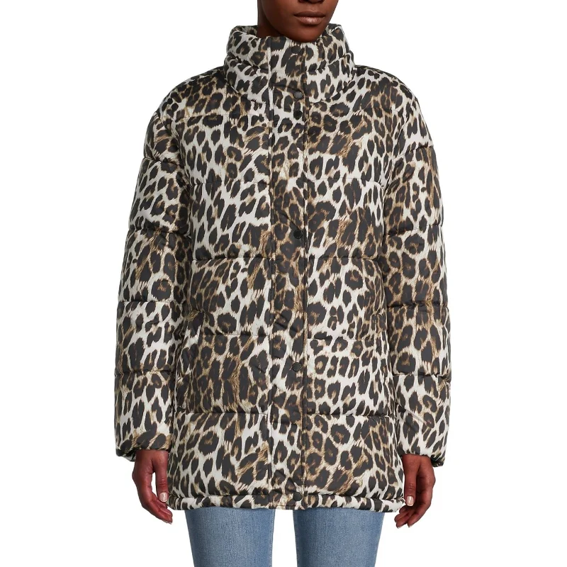 Via Spiga Leopard-Print Down Puffer Jacket - Leopard Zippered Front Buttoned Front Snap Front