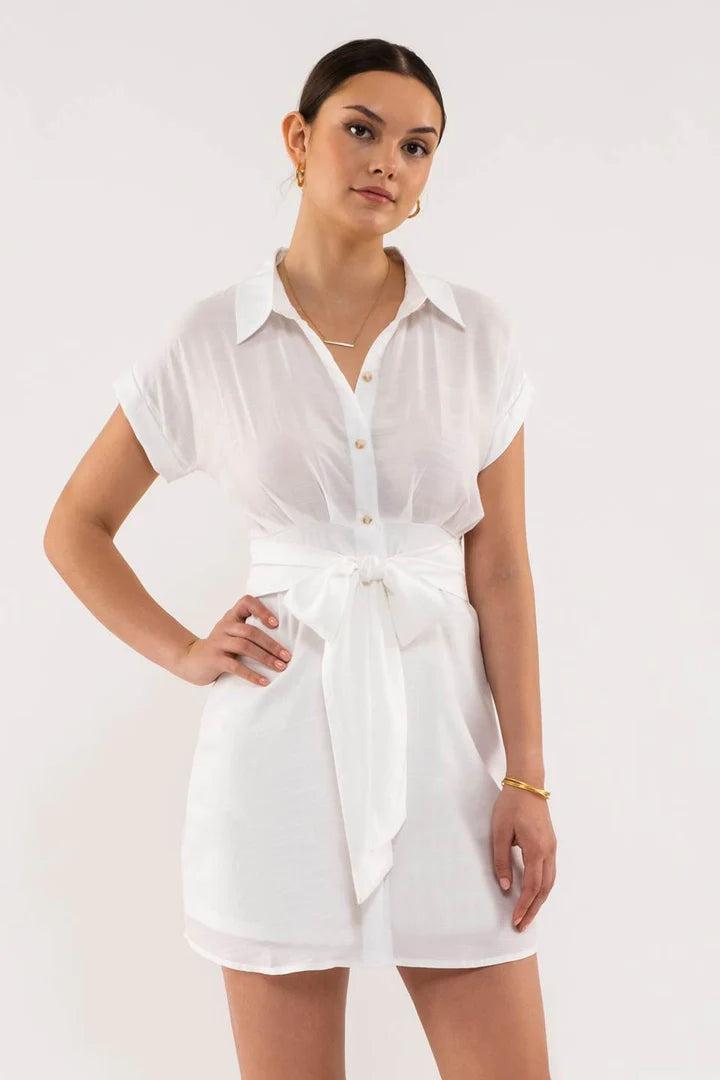 Waist Tie Button Down Mini Dress White Trendy Denim Mini Dress