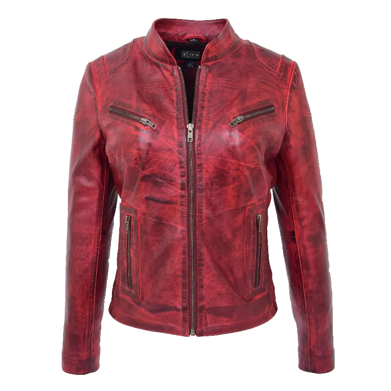 Womens Fitted Leather Biker Jacket Casual Zip Up Coat Jenny Dirty Red Insulated Jacket Fitted Jacket Loose Jacket