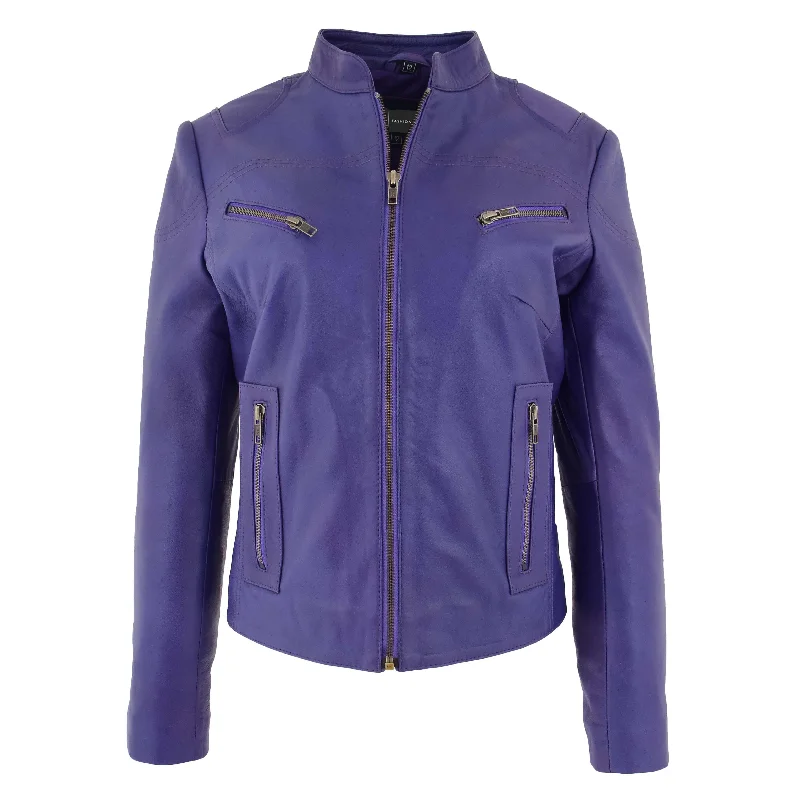 Womens Fitted Leather Biker Jacket Casual Zip Up Coat Jenny Purple Wool Fabric Cashmere Fabric Tweed Fabric