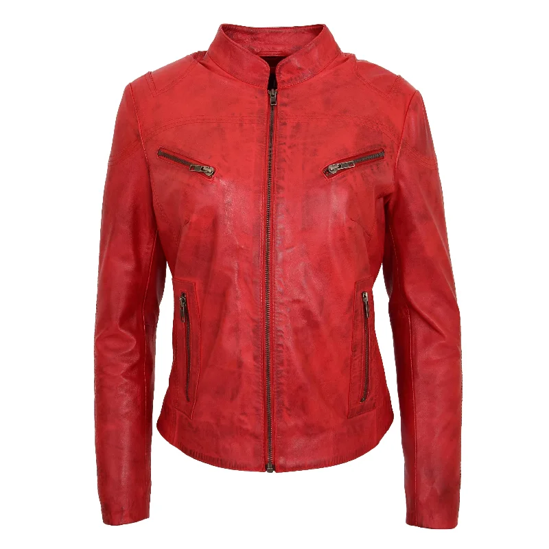 Womens Fitted Leather Biker Jacket Casual Zip Up Coat Jenny Red Welt Pockets Slit Pockets Flap Pockets