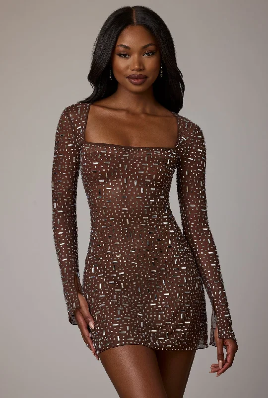 Sheer Embellished Long Sleeve A-Line Mini Dress in Deep Cocoa Comfortable Ruffle Mini Dress