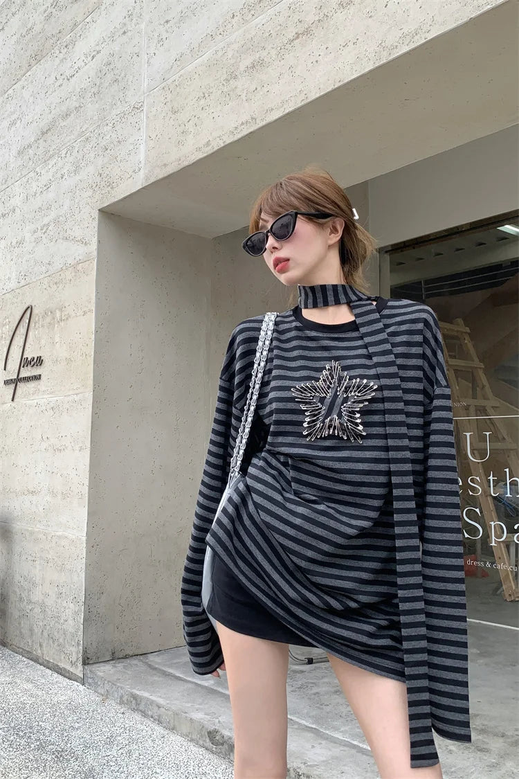 Lunivop Vintage Star Patchwork Loose Long-sleeved T-shirt Women Autumn New O-Neck Contrast Color Striped Casual Tops with Scarf Elasticated Padded Insulated