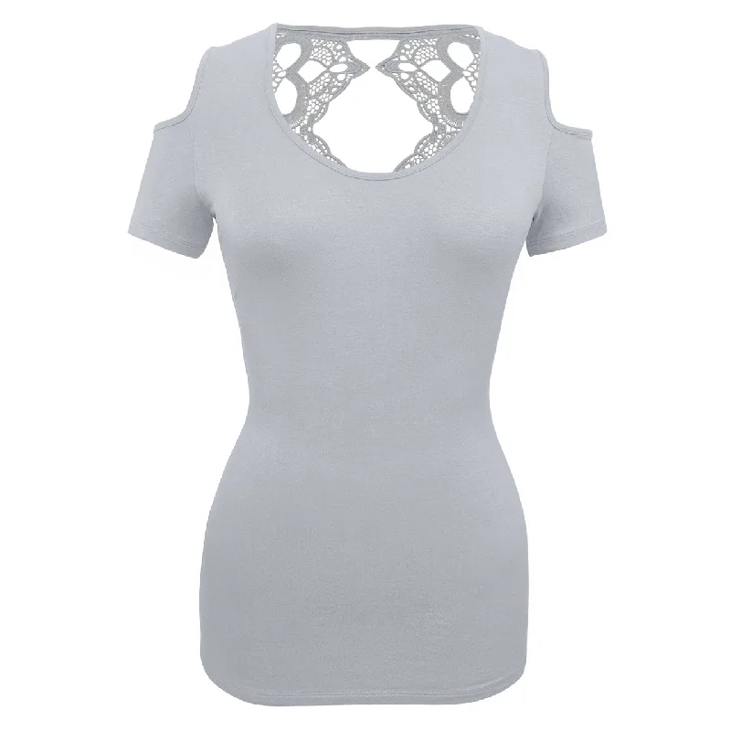 VB021/VB121 - Ladies Half Sleeve Shirts Lace back and shoulder cutoffs Spandex Blend Rayon Blend Denim Blend