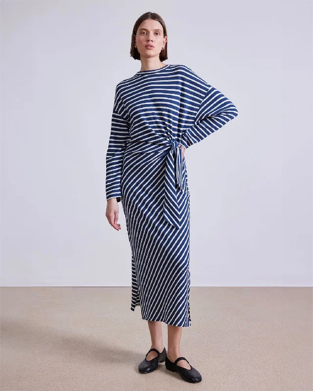 Apiece Apart L/S Vanina Cinched Waist Dress in Navy and Cream Stripe