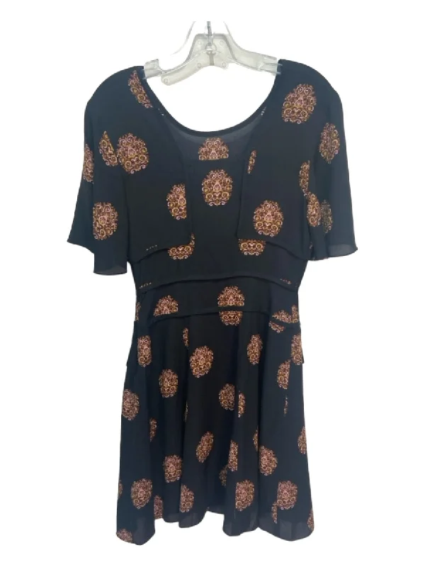 A.L.C. Size 2 Black Silk Geometric Pockets Fit & Flare Flutter Sleeve Dress