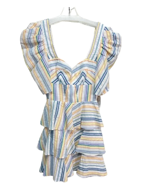 Amanda Uprichard Size Small White, Yellow & Blue Cotton Striped Tiered Dress