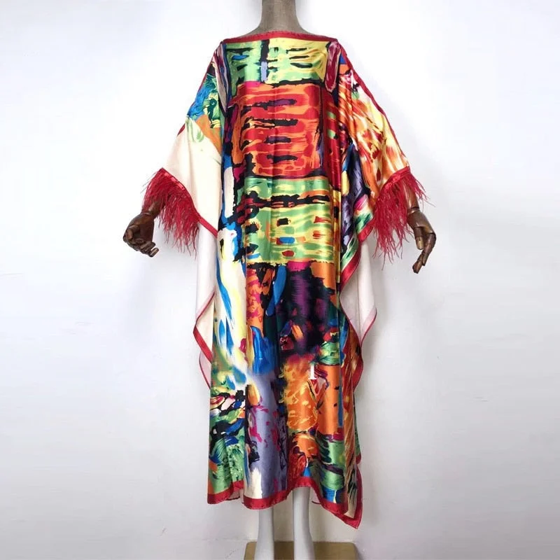 Art Show Feathered Sleeve Kaftan Dress