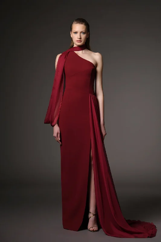 Asymmetric neckline crepe and chiffon dress