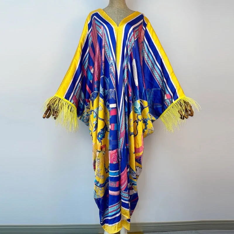 Azure Sunshine Feathered Kaftan Dress