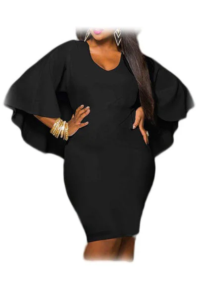Black Textured Knit Flattering Cape Dress