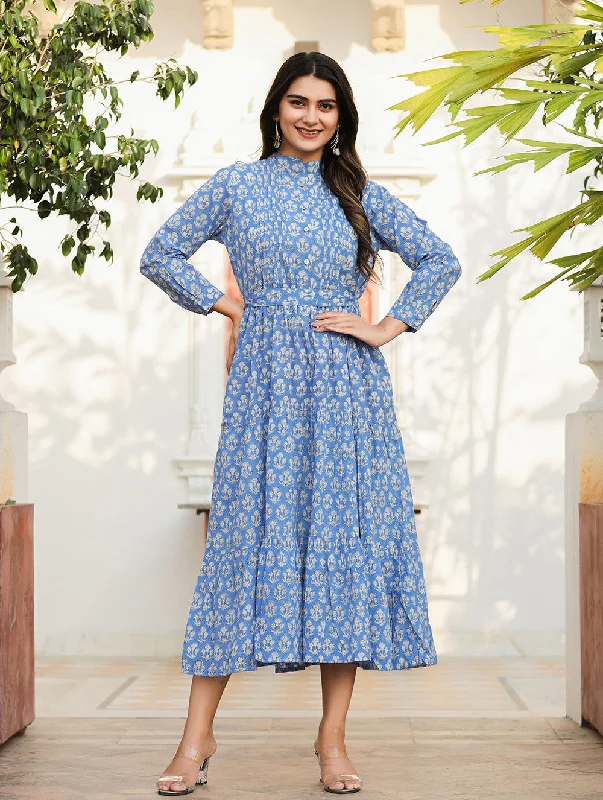 Premium Blue Delight Handblock Dress (pack of 1)
