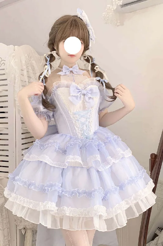Blue Multi-layer Ruffle Hanayome Bowknot Lace Halter Neck Sweet Princess Lolita Dress