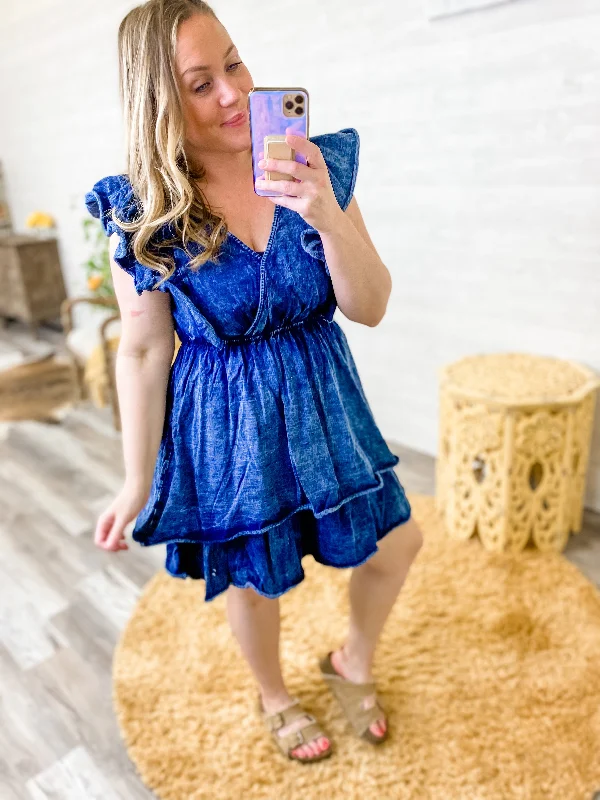 Canyon - Navy Acid Wash Tired Ruffle Dress