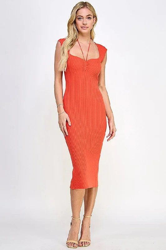 cap sleeve sweetheart neckline ribbed knit dress