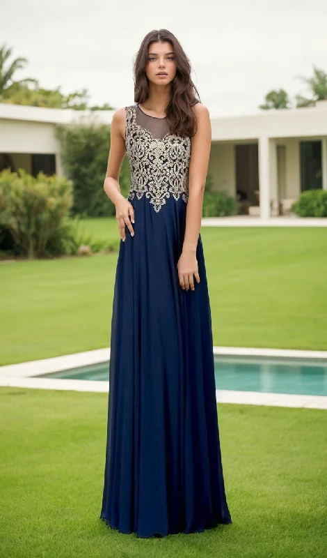 Gold-Lace Bodice Long Prom Dress: Chicas C9156