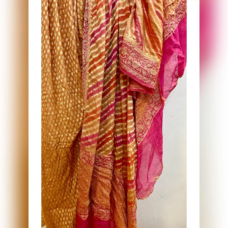 Exquisite Creme & Pink 3 pcs Khaddi Georgette Banarasi Dress Material