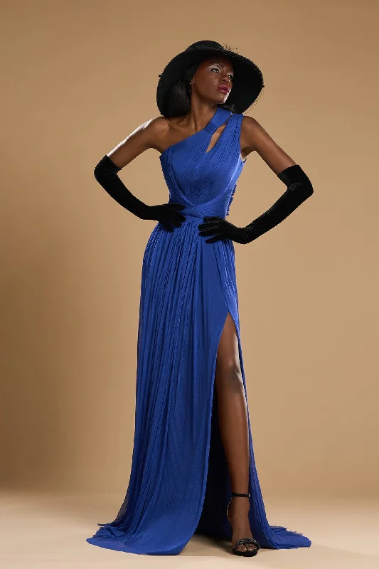 Asymmetrical neckline silk tulle dress