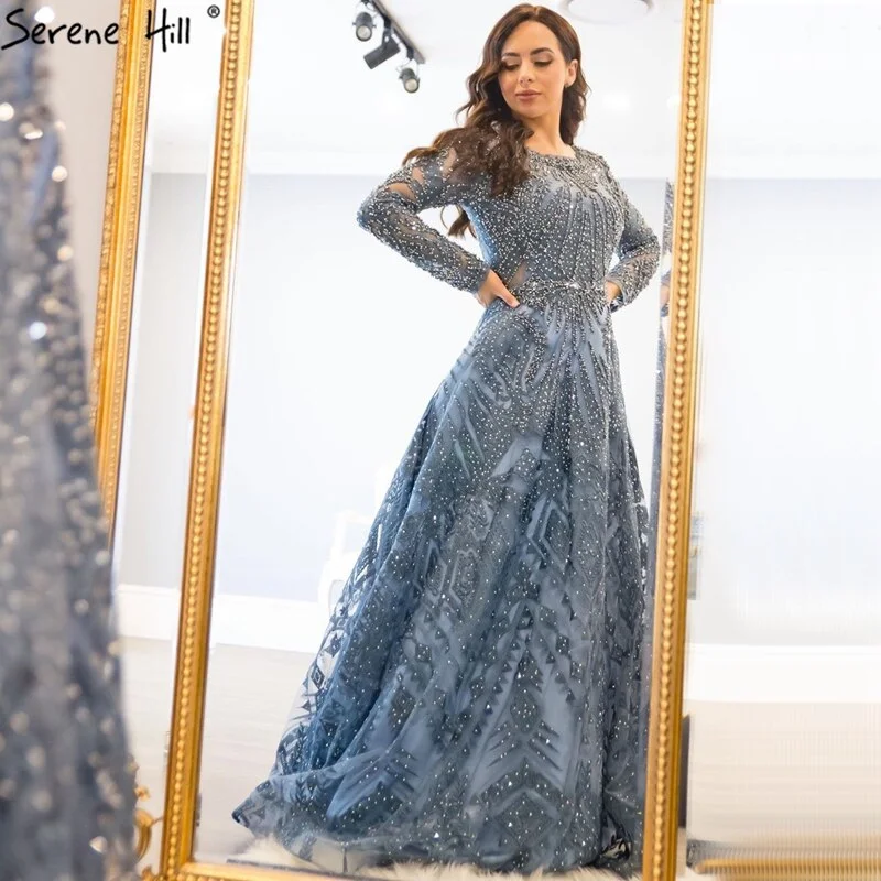 dubai Luxury Designer Navy Blue Lace Beaded  A line Muslim  Long Evening Dresses 2024 Formal Dress Serene Hill Plus Size LA60900