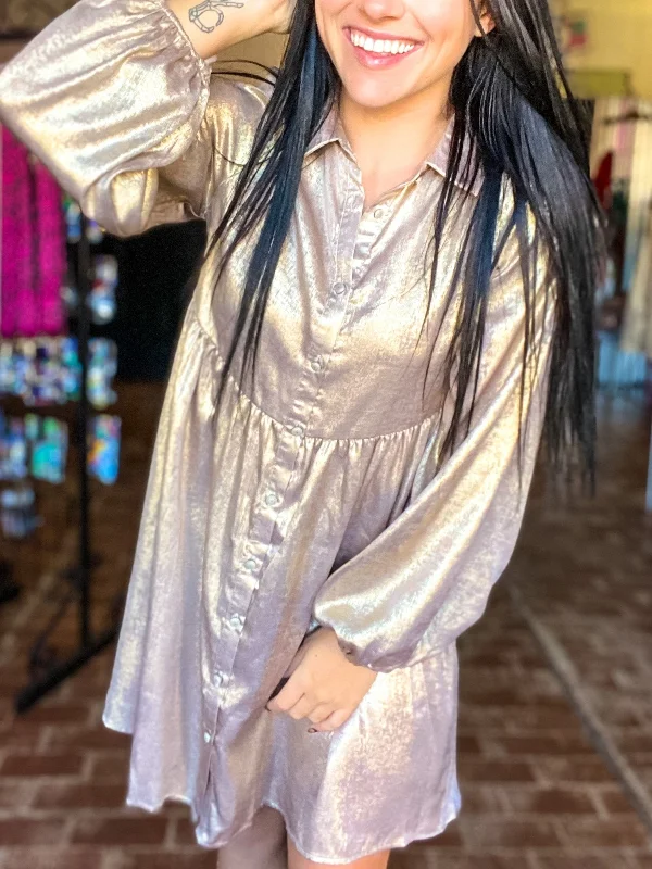 Emi Button Front Dress Golden Shimmer