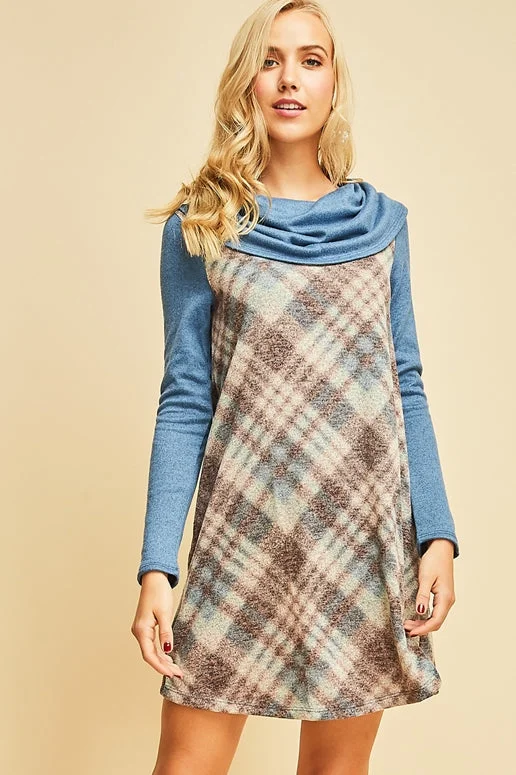 Entro Plaid Cowl Neck Dress - Blue Combo
