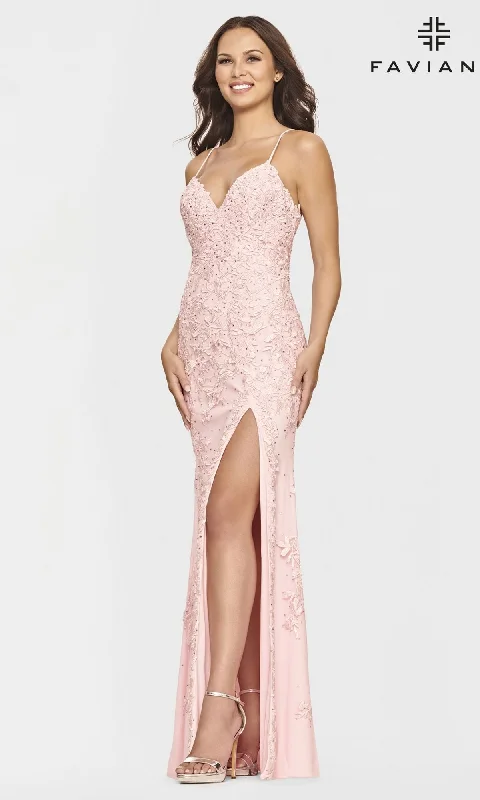 Faviana S10812 Light Pink Lace Long Prom Dress