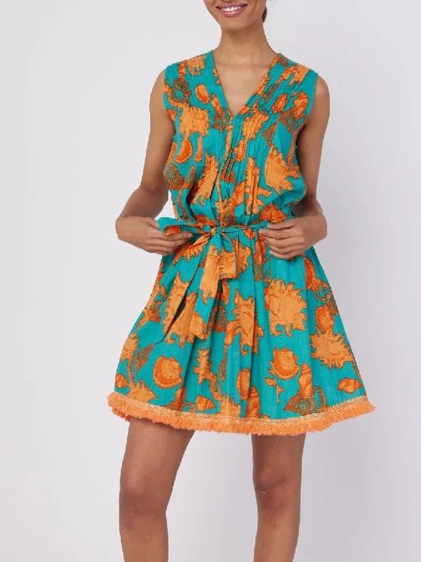 Felice Dress with Tie - Green/Orange FINAL SALE