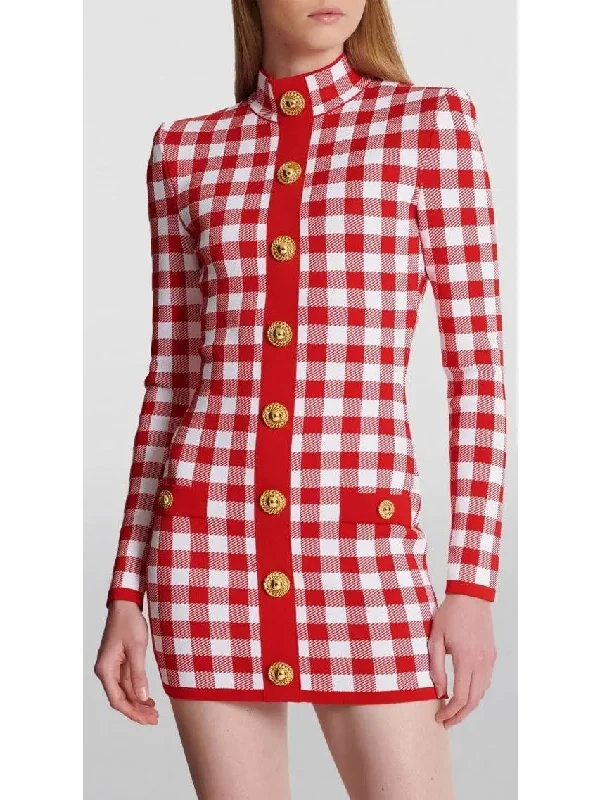 Gingham Fine Knit Dress in Red and White
