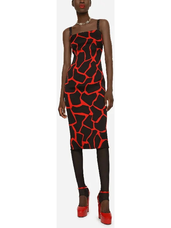 Giraffe-Print Charmeuse Calf-Length Dress