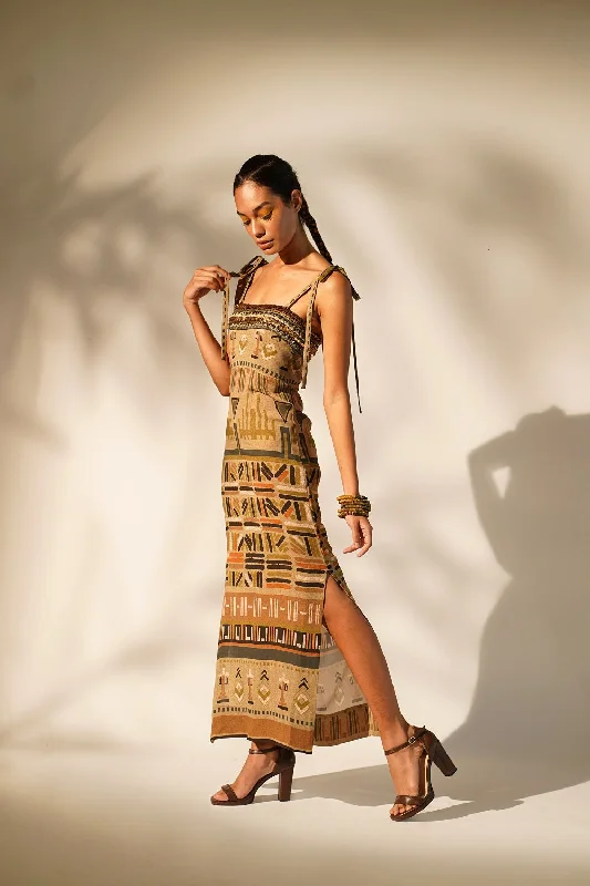 Green Aztec Print Tube Dress With Hand Thread And Wooden Embellishment