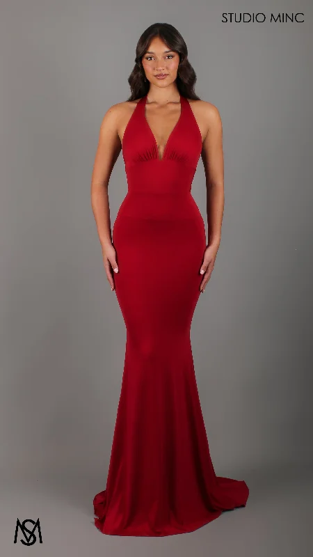 HOURGLASS - Red Fitted Mermaid Formal Dress with Plunge Neckline