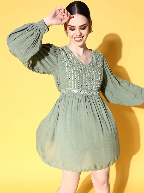 Ishin Women's Rayon Green Embellished A-Line Dress
