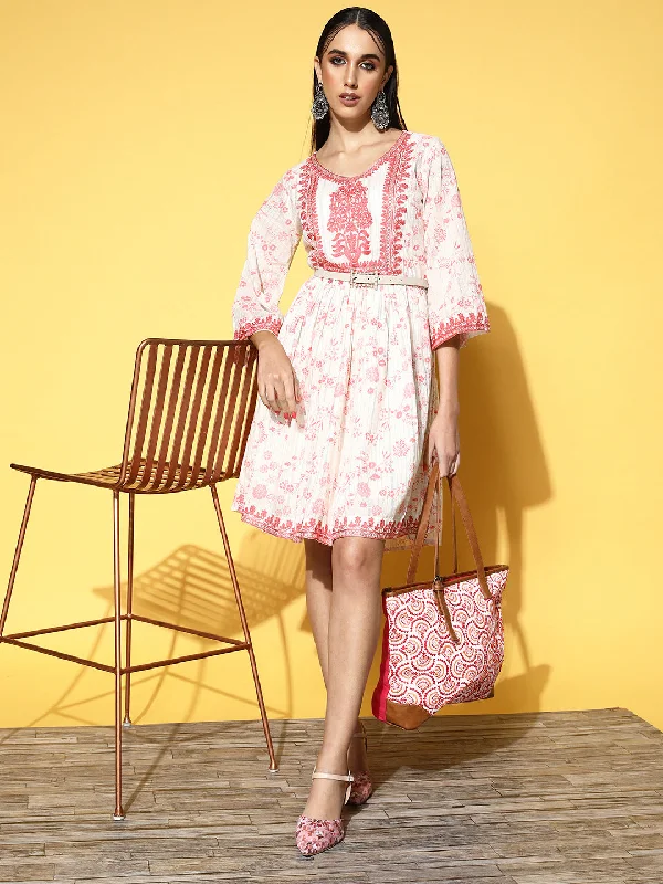 Ishin Women's White & Red Embellished A-Line Dress