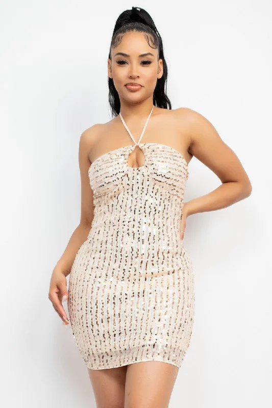 Keyhole Halter Neck Sequin Dress