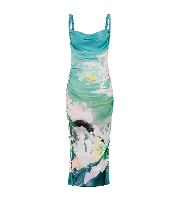 Rachel Cowl Neck Slip Dress in Seagrass Neptune Print