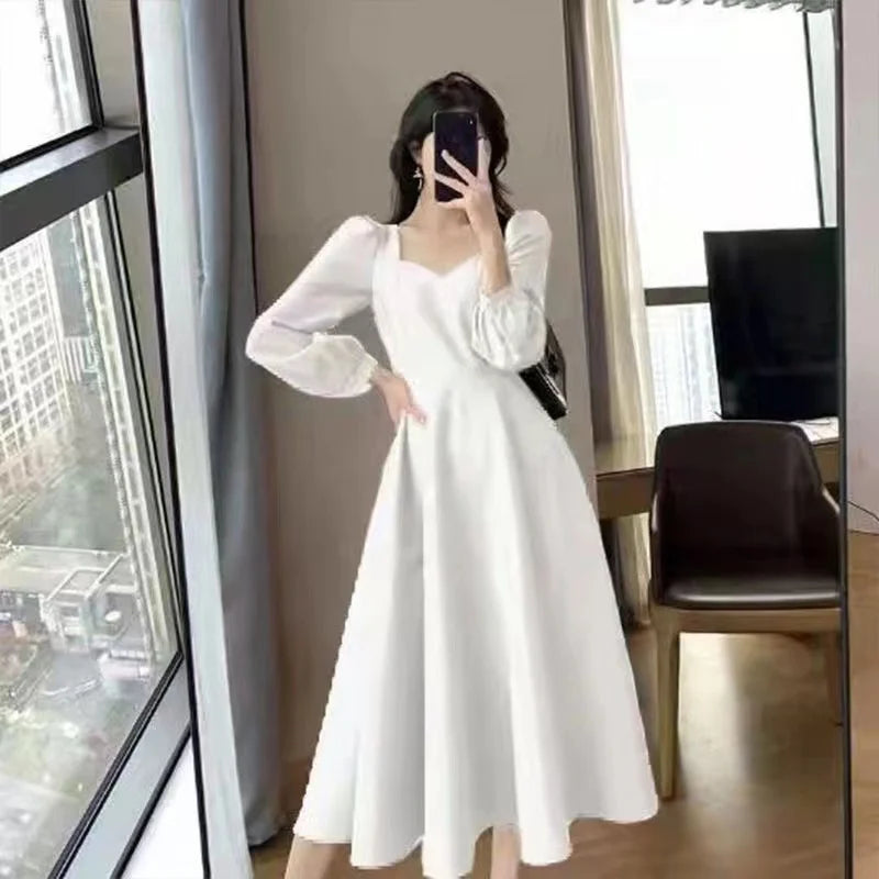 Long Puff Sleeve Solid Elegant Dress Women
