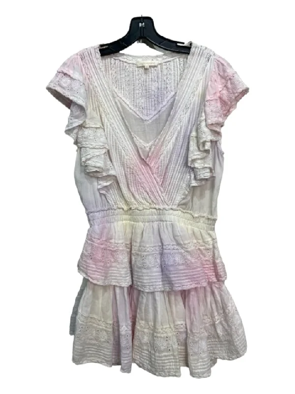 Love Shack Fancy Size Large White & Pink Cotton V Neck Crochet Lace Dress