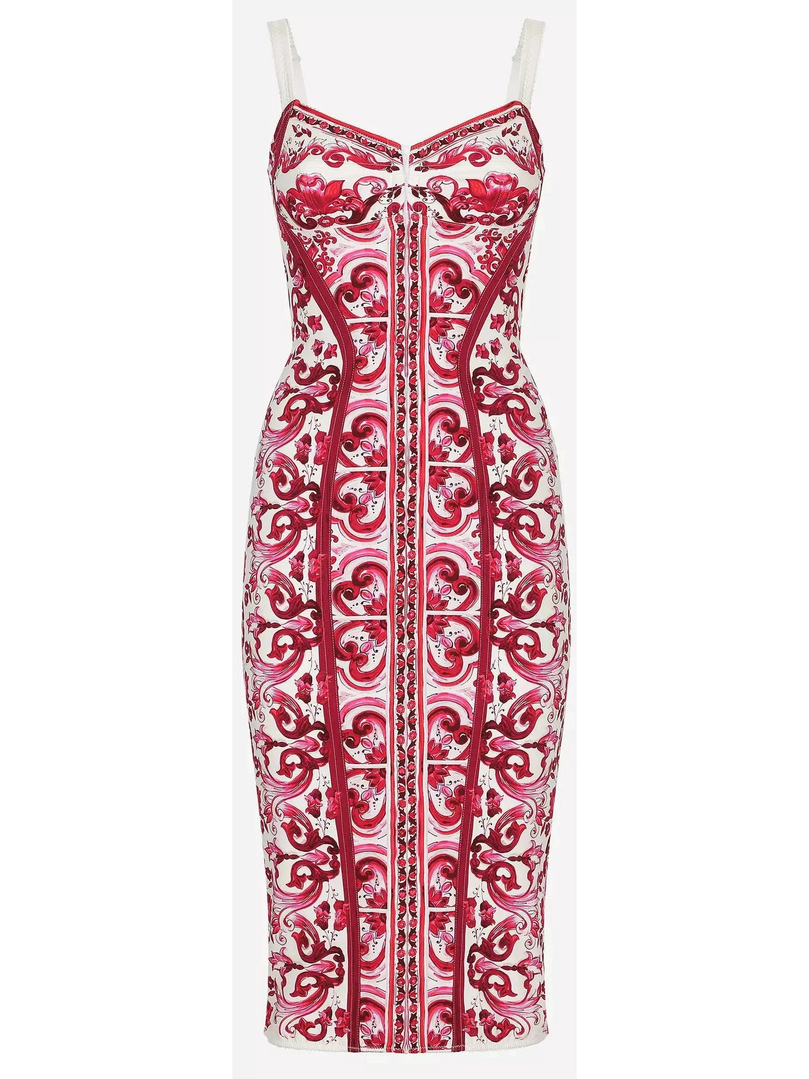 Majolica Italian Print Charmeuse Corset Dress in Red and White